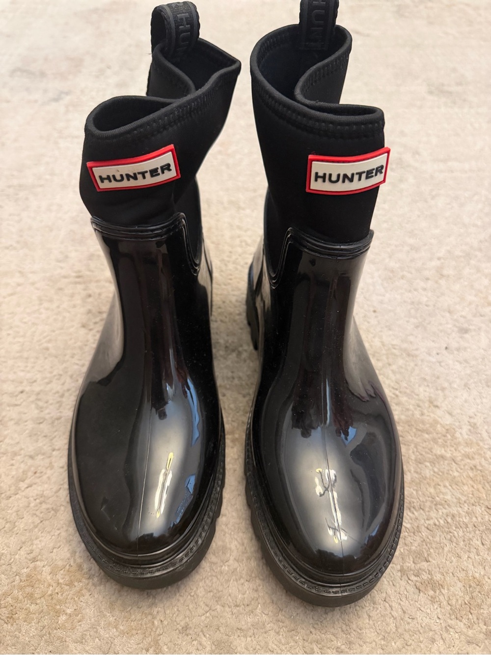 Hunter Black Gloss Chelsea Rain Boots with Red Logo Patch